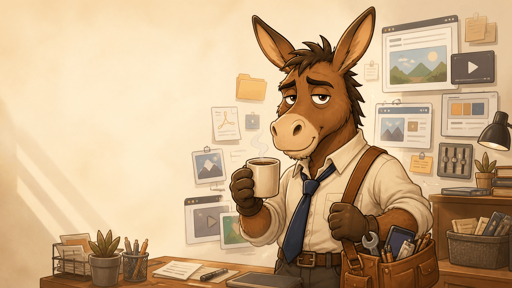 OddMule mascot holding coffee with a loose tie and a bag of small digital tools